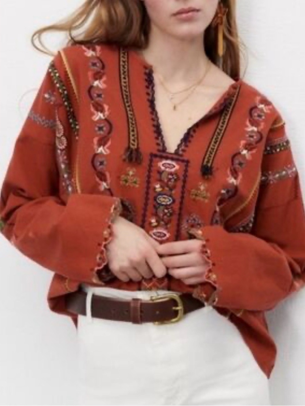 Zara Embroidered Boho Top Rust Small Fringe Southwest Prairie Festival